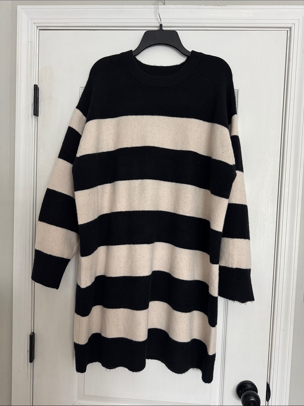 Striped Black and Cream Women's Oversized Sweater Dress